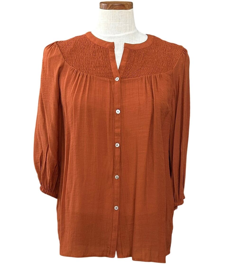 NWT Nanette Lepore Smocked Puff Sleeve Peasant Blouse S Gingerbread Terracotta